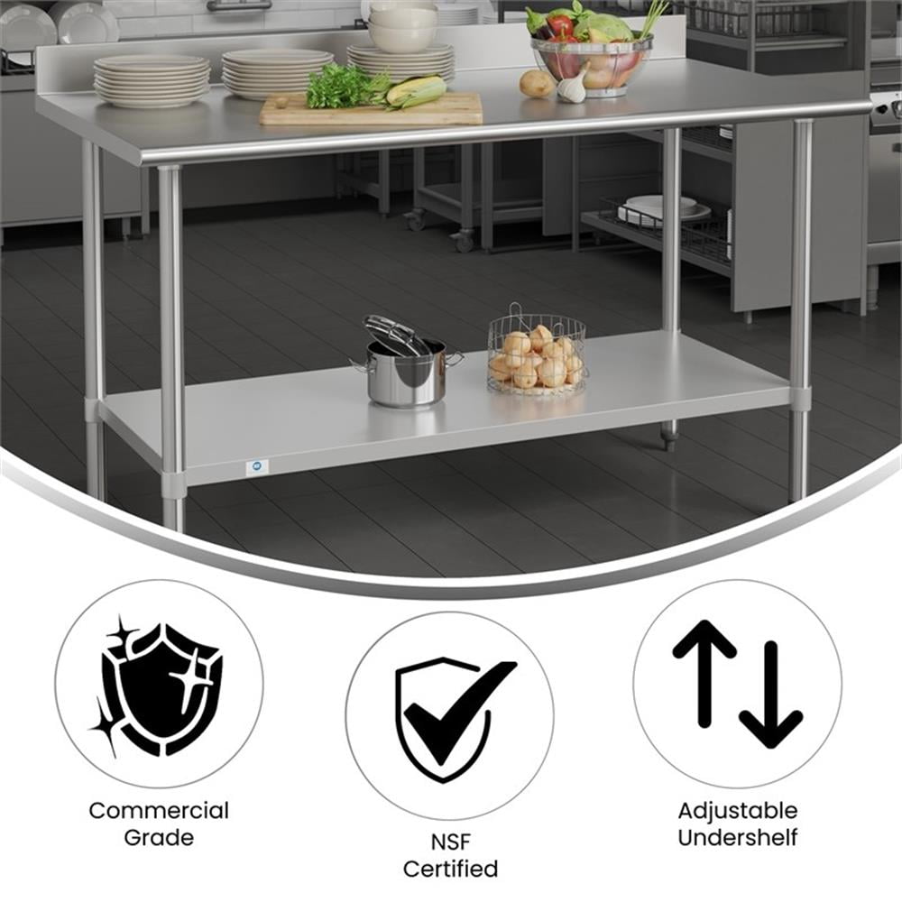 Pemberly Row Stainless Steel Kitchen Prep & Work Table with Shelf & Backsplash
