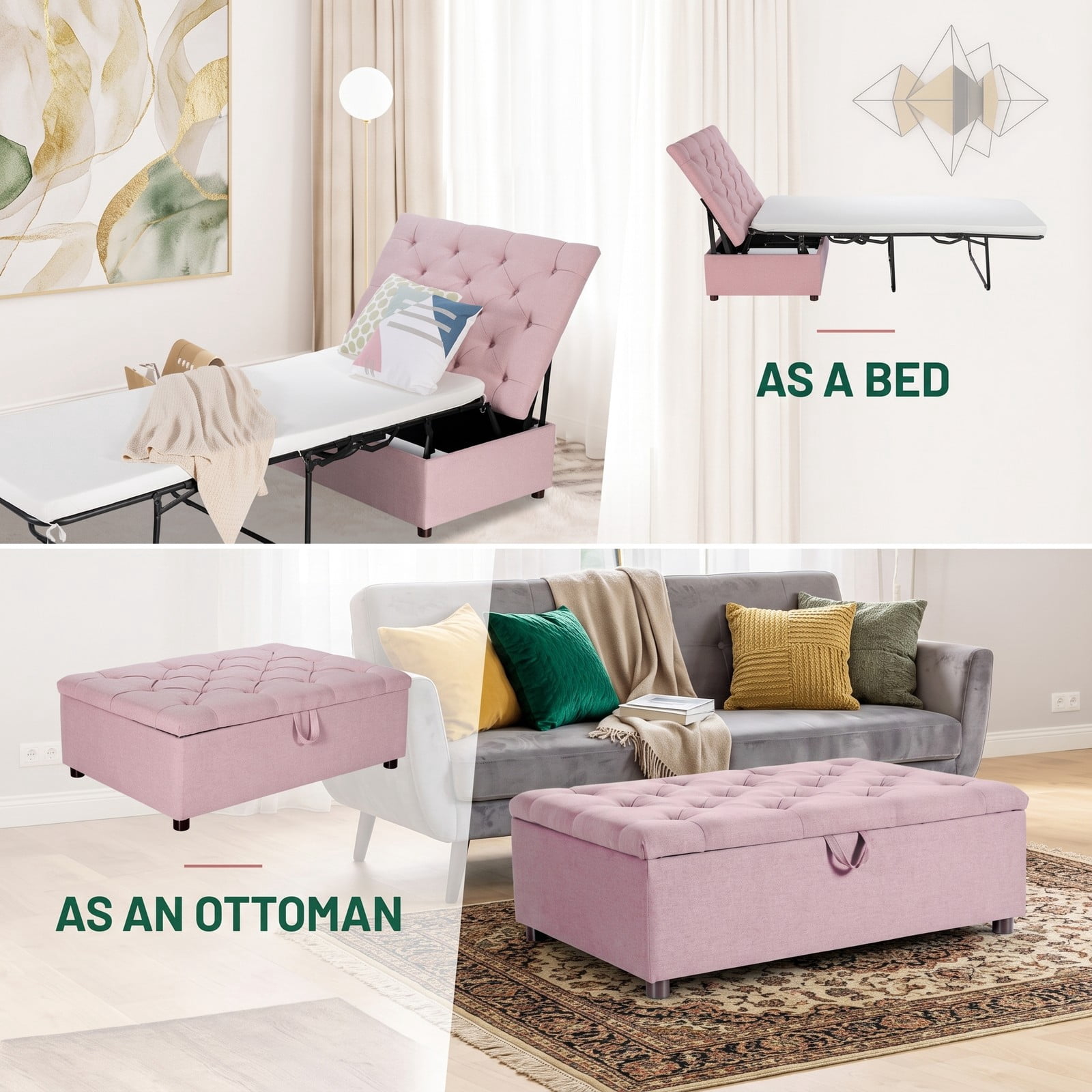 Furnibear Folding Bed Ottoman Sleeper with Mattress and Padded Storage Stool, Rollaway Bed Frame for Guest Room Office and Nap, Pink