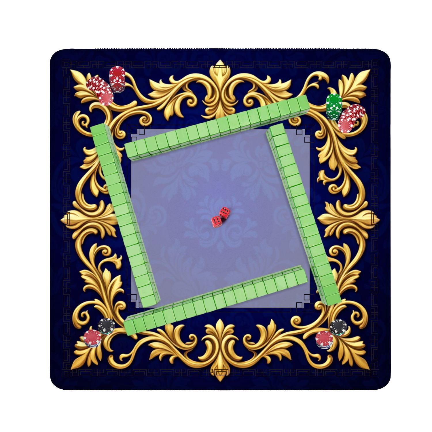 Mahjong Mat 31.5" x 31.5" Elegant Ornate Gold Frame Floral Deep Blue Non-Slip Noise Reduction American Mahjong Tiles Table Cover for Dominoes Poker Card Board Games Gift