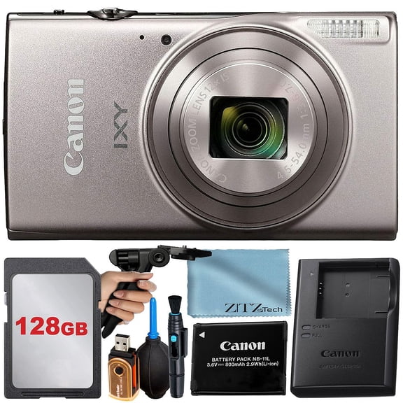 Canon PowerShot IXY 650 (ELPH 360) HS Digital Camera (Silver) with 12x Optical Zoom Lens   128GB Memory Card   Cleaning Pen   ZeeTech Starter Bundle (International Version)