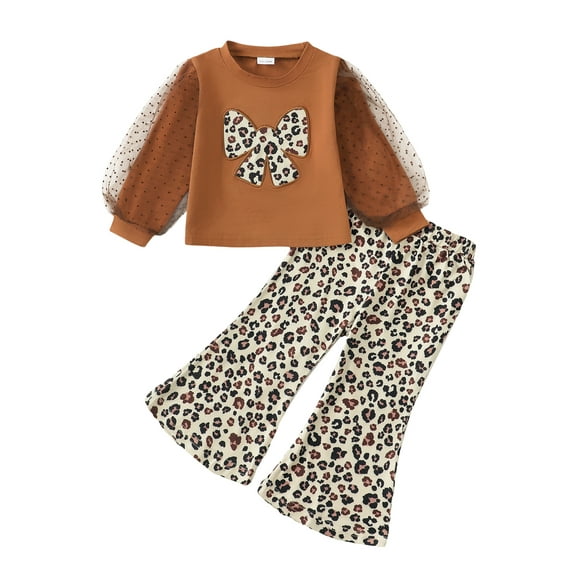 Kucnuzki 2T Toddler Girls Outfit Set 3T Kid Child Clothes Set Mesh Long Sleeves Bowknots Print Pullovert Top Leopard Flared Pants Sets 2pcs Clothing Brown