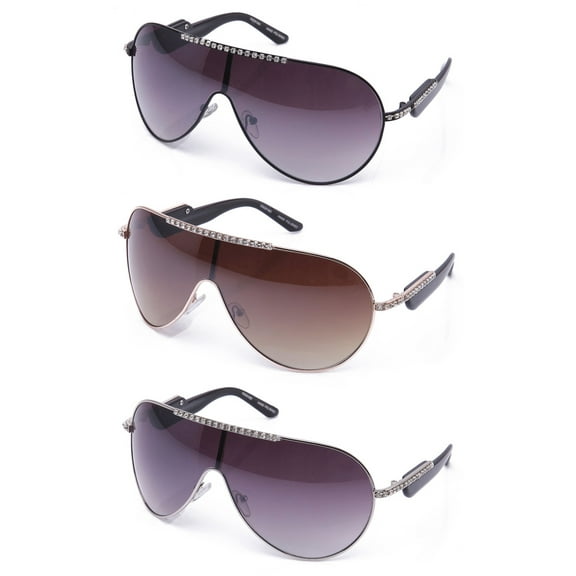 3 Packs Oversized Large One Piece Lens Metal Aviator Rhinestone Frame Fashion Sunglasses for Women