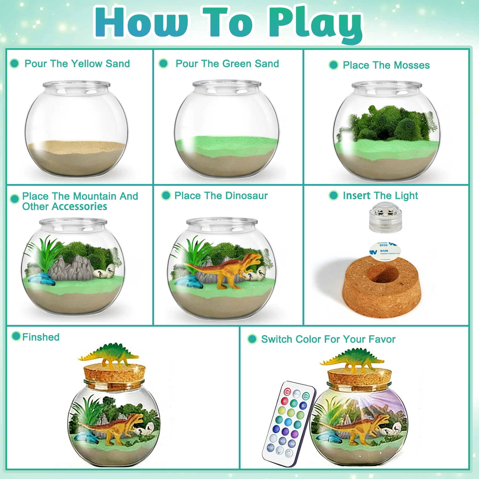 Sunforu Dinosaur Terrarium Kit with 13-Color LED Night Light & Remote, DIY Prehistoric Garden, Creative Craft Toy, Unique Birthday Christmas Gift for Kids Boys Girls Ages 6+
