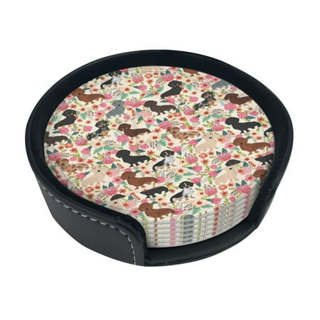 

Round Pu Leather Coaster Dachshund Flowers Dog Breeding Pet Pattern Heat - Resistant Beverage Cup Mat-Fancy Decor For Kitchen Office Dining Room Table - Drink Protector 6-Slice