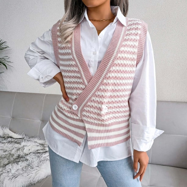 ICHUANYI Liquidación Mujer Moda Casual Suelto Raya Empalme Suéter Con Cuello En V Suéter Chaleco ICHUANYI WER202308244864
