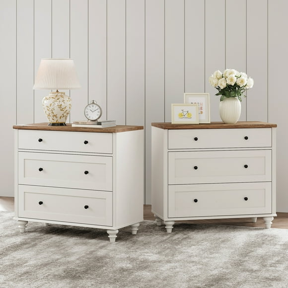WAMPAT Farmhouse Nightstand, 3-Drawer Wood Bedside Table, Set of 2, 34 Inch Wide End Table for Bedroom, Living Room, Off White