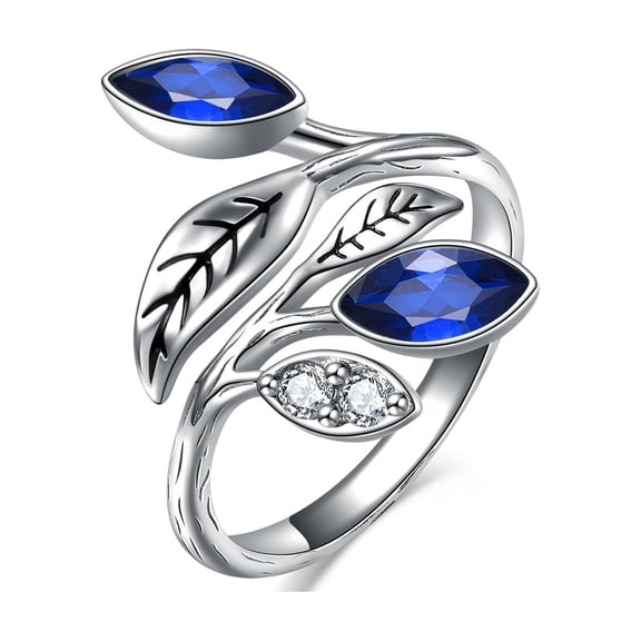 MYSTICPOEM Blue Sapphire Leaf Ring Sterling Silver September Birthstone Ring Jewelry Gift Adjustable Rings for Women Birthday Christmas Day Gifts