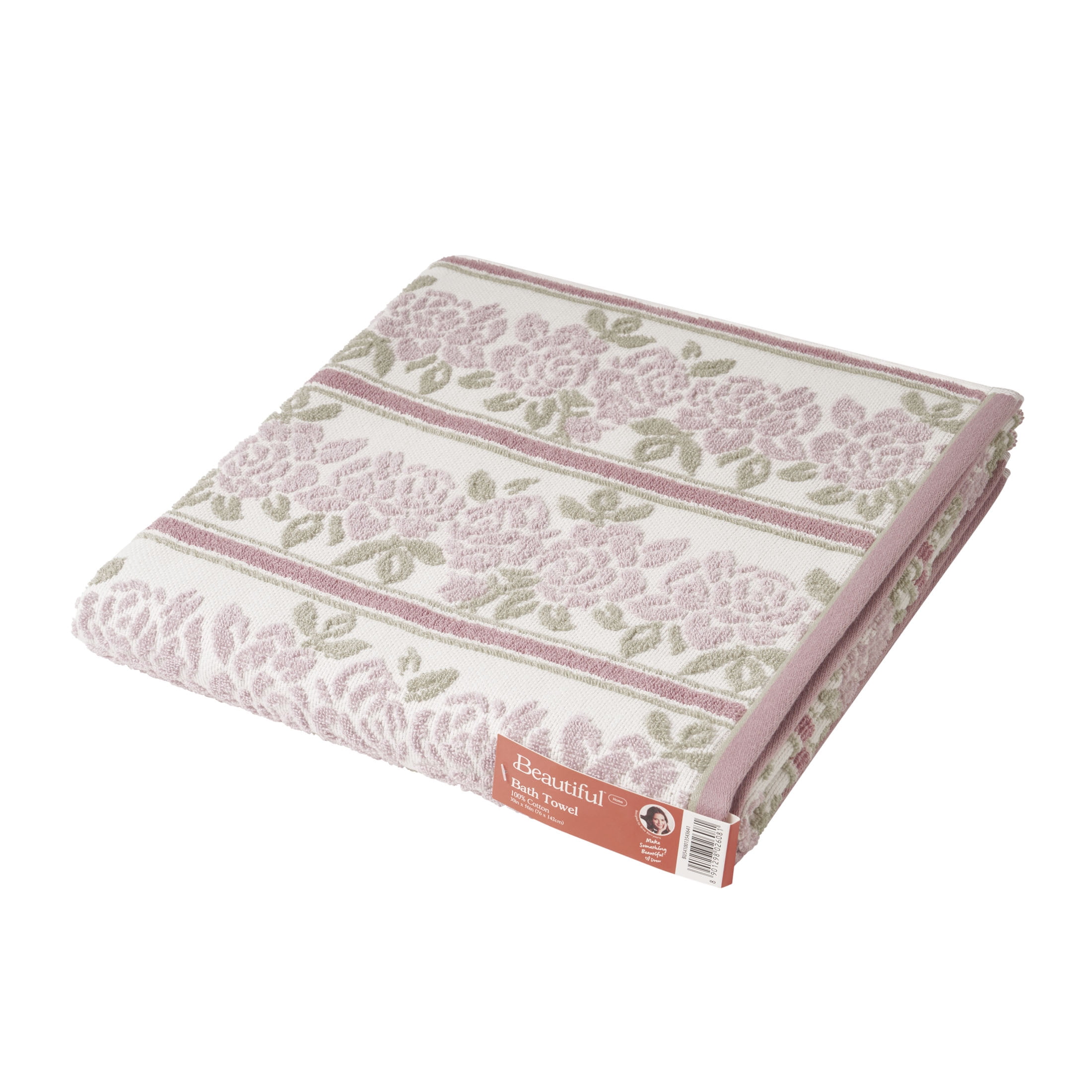 Beautiful by Drew Barrymore Wallpaper Bath Towel, Soft 100% Cotton, Rose Pink
