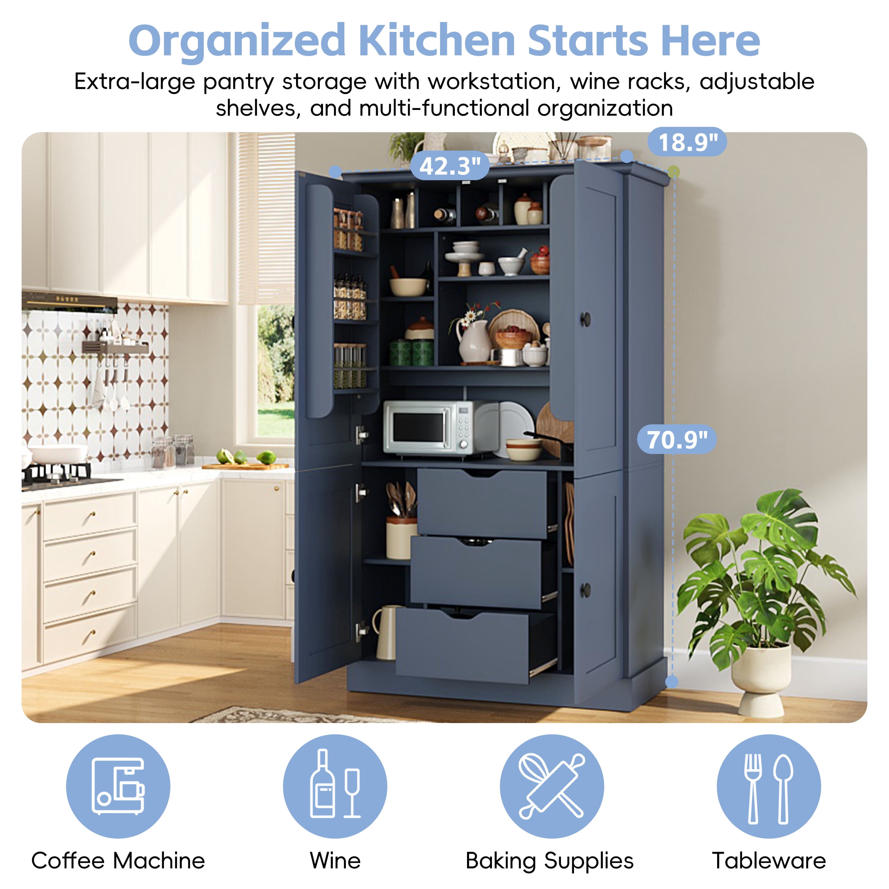 Euroco 70.9" Kitchen Pantry Cabinet with 3 Drawers, Farmhouse Tall Storage Cabinet with 6 Door Shelves, Removable Shelves and 6 Wine Racks,Freestanding Cupboard for Dining Room,Blue