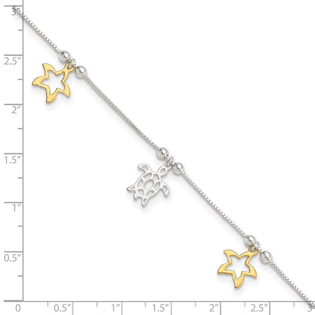 10.45mm 925 Sterling Silver Gold Tone Turtle and Sea shell Nautical Starfish Plus 1in Extension Anklet 9 Inch Anklet for