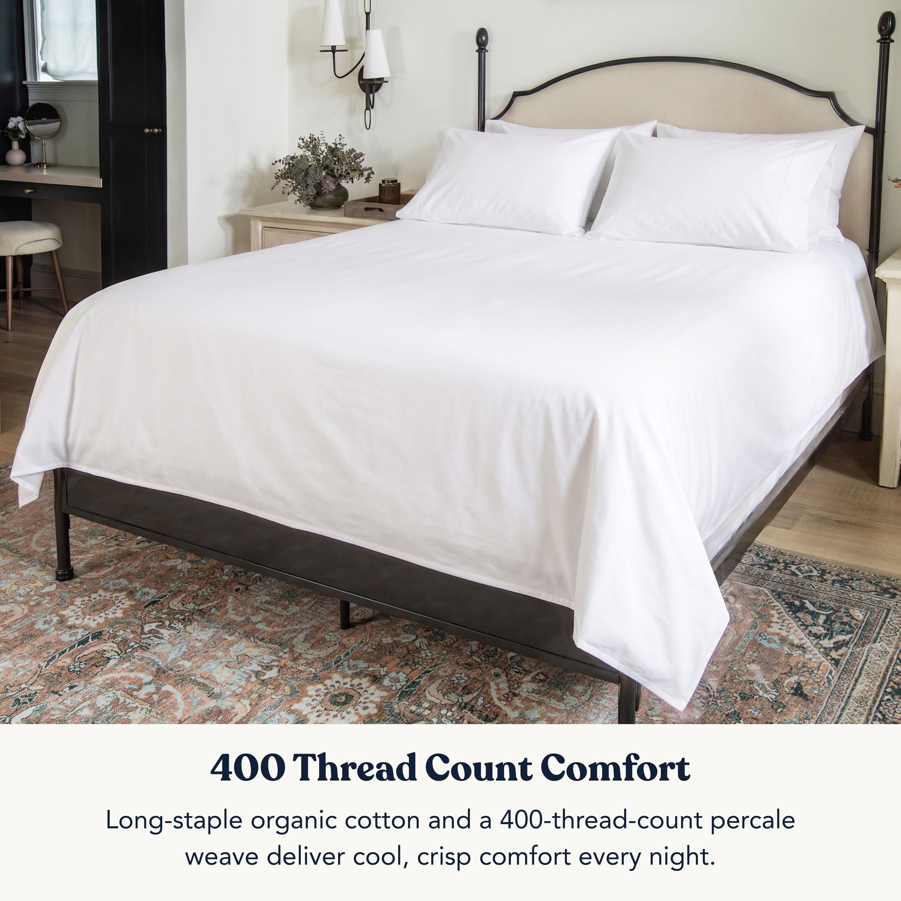 Delara Organic Cotton Percale King Flat Sheet, 400 TC GOTS Certified, Smooth Moisture-Wicking Soft Breathable Bedding, White 108"x105"