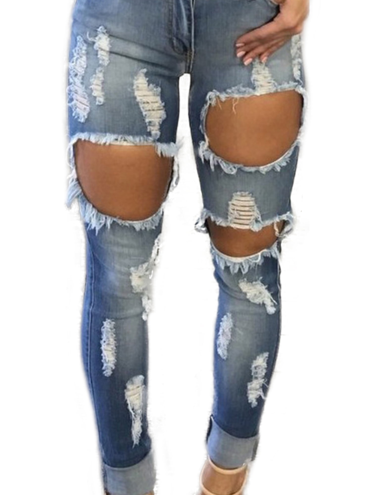 Wodstyle - Women's Ripped Distressed Skinny Denim Casual Boyfriend Jeans - Walmart.com - Walmart.com