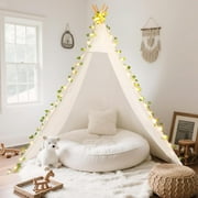 Large Teepee Tent 79''H for Adults & Kids, Update Waterproof Cotton Playhouse with LED Vine Lights, Heavy-Duty Eucalyptus Wood Poles, Ideal for Beach, Garden, Party & Backyard Decor