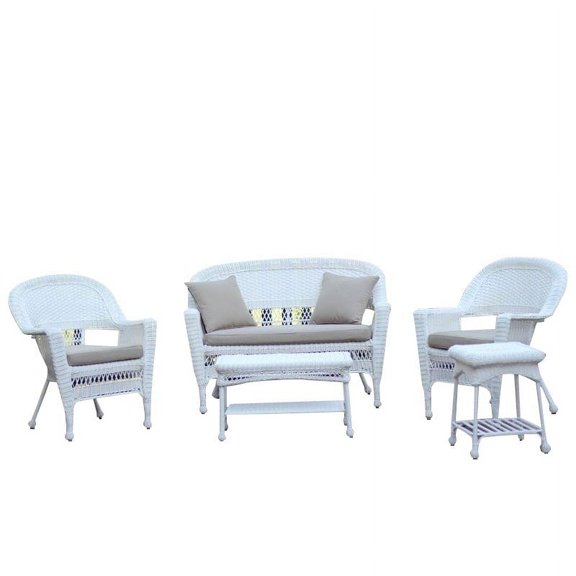 Jeco 5pc Wicker Conversation Set in White with Tan Cushions