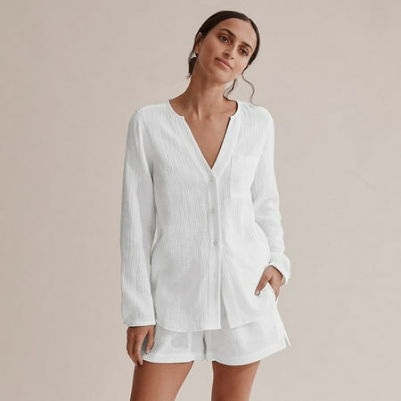 

QWZNDZGR Hiloc Pocket White Sleepwear Cotton Suits With Shorts Female Lacing Long Sleeves Set Woman 2 Pieces V-Neck Women Pajama Spring