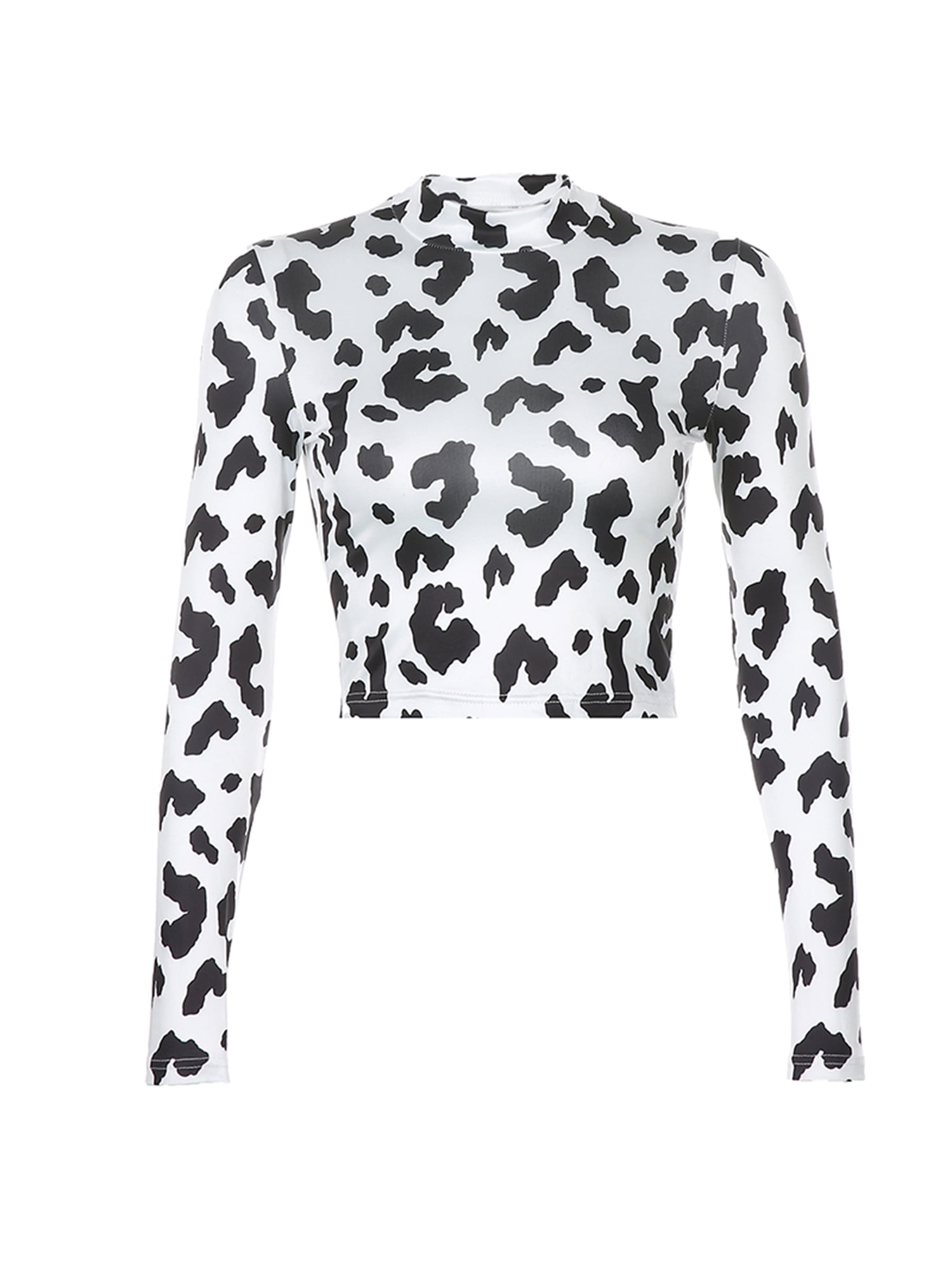 Women Slim Fitted Cow Print Mock Neck 