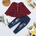 thumbnail image 3 of 12 Months Toddler Baby Girls Clothes Baby Girls Outfits 12-18 Months Baby Girls Long Sleeve Round Neckline Ruffle Top Jeans Pants 2PCS Set Red, 3 of 9