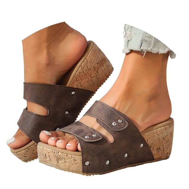 IUJSOY Womens Summer Two Strap Platform Wedge Slide Sandals Beach Arch Support Footbed Sandals