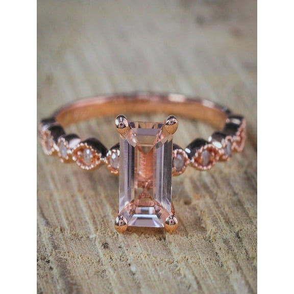 Sale: 1.25 Carat Peach Pink Morganite (emerald cut Morganite) and Diamond Engagement Ring in 10k Rose Gold