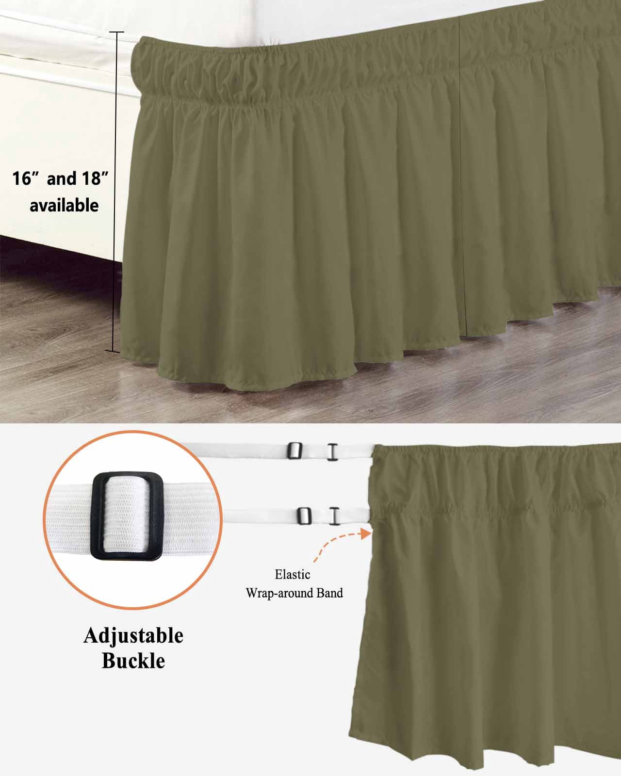 Sage Green Bed Skirt Queen Size, Brown Solid Color Simple Abstract Wrap Around Bed Skirting with Adjustable Elastic Strap, Dust Ruffle Pleated Bedskirts 18 Inch Drop for Bedroom Queen Beds