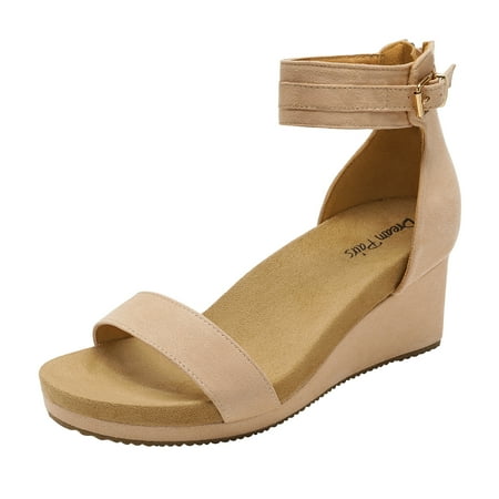 

DREAM PAIRS Women s Open Toe Buckle Ankle Strap Platform Wedge Sandals NINI-6 NUDE size 9