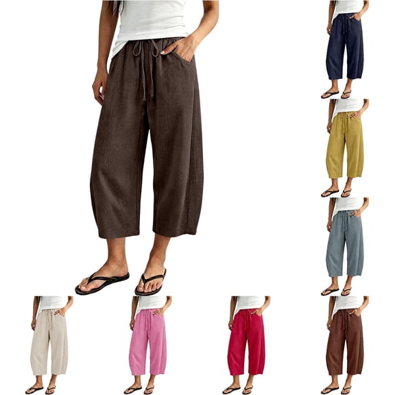 Xijirk Women Cropped Wide Leg Casual Pants with Elastic Adjustable Tie Waist Side Pockets Lightweight Breathable Soft Loose Cut Trousers for Daily Beach Home Outdoor Loungewear,2Coffee,S