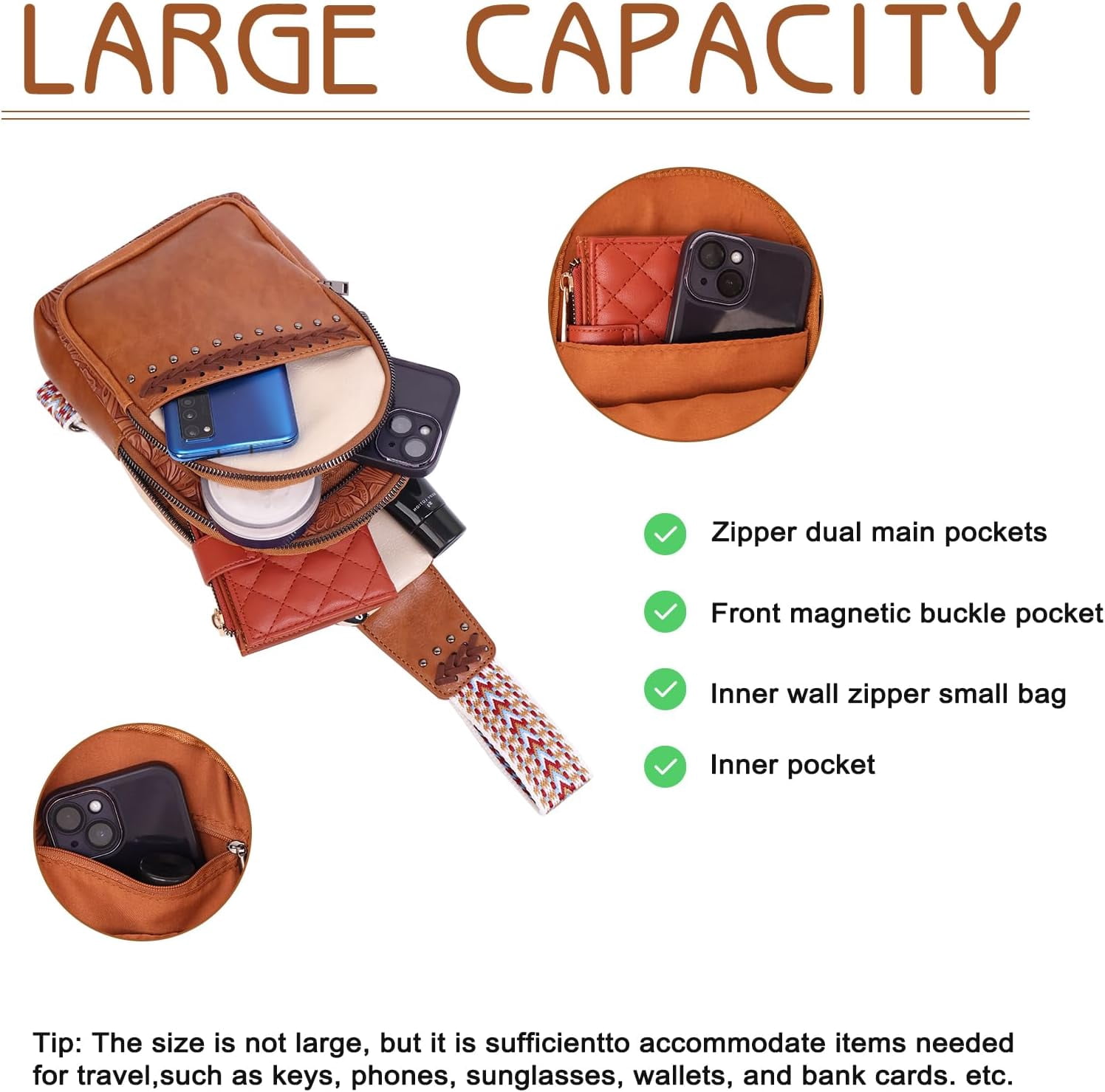 Sling Bag Crossbody Bags for women, Vintage Leather Fanny Pack for Men with Zipper, Adjustable Guitar Strap Anti Theft Crossbody Purse Travel(Brown)