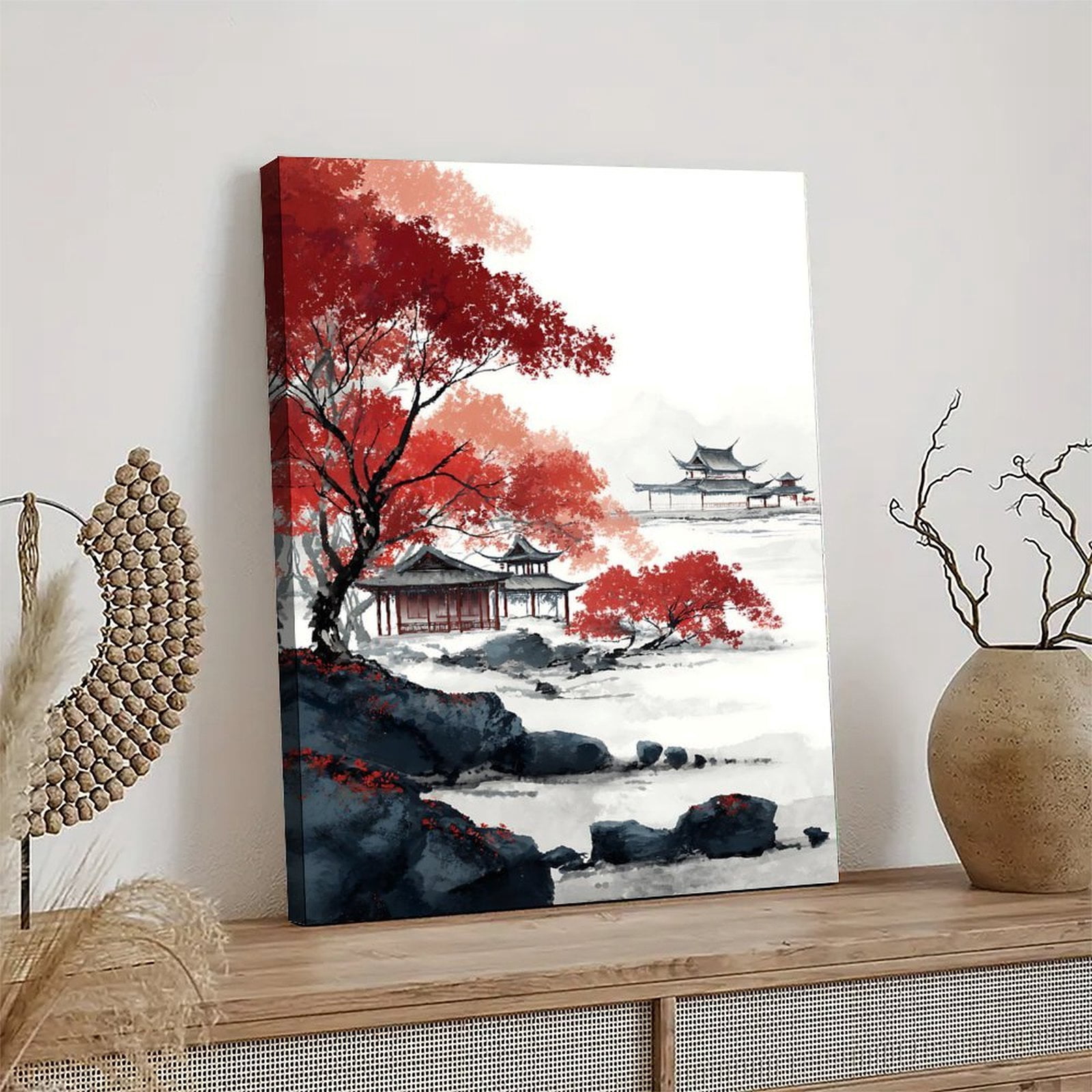 Larbulse  Chinese Landscape Black Pavilions Rock Red Trees Ink Painting Canvas Wall Art Home Decor Poster Vintage Funny Print Picture Abstract Bedroom Living Room Kitchen Posters Decor