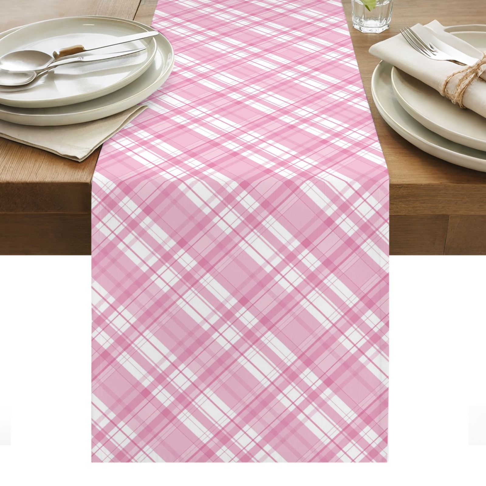 Pink Plaid Table Runner Pink White Grids Geometric Cotton Linen Table Cloth Tablerunner for Kitchen Dining Party Wedding Home Decor 13x36 Inch