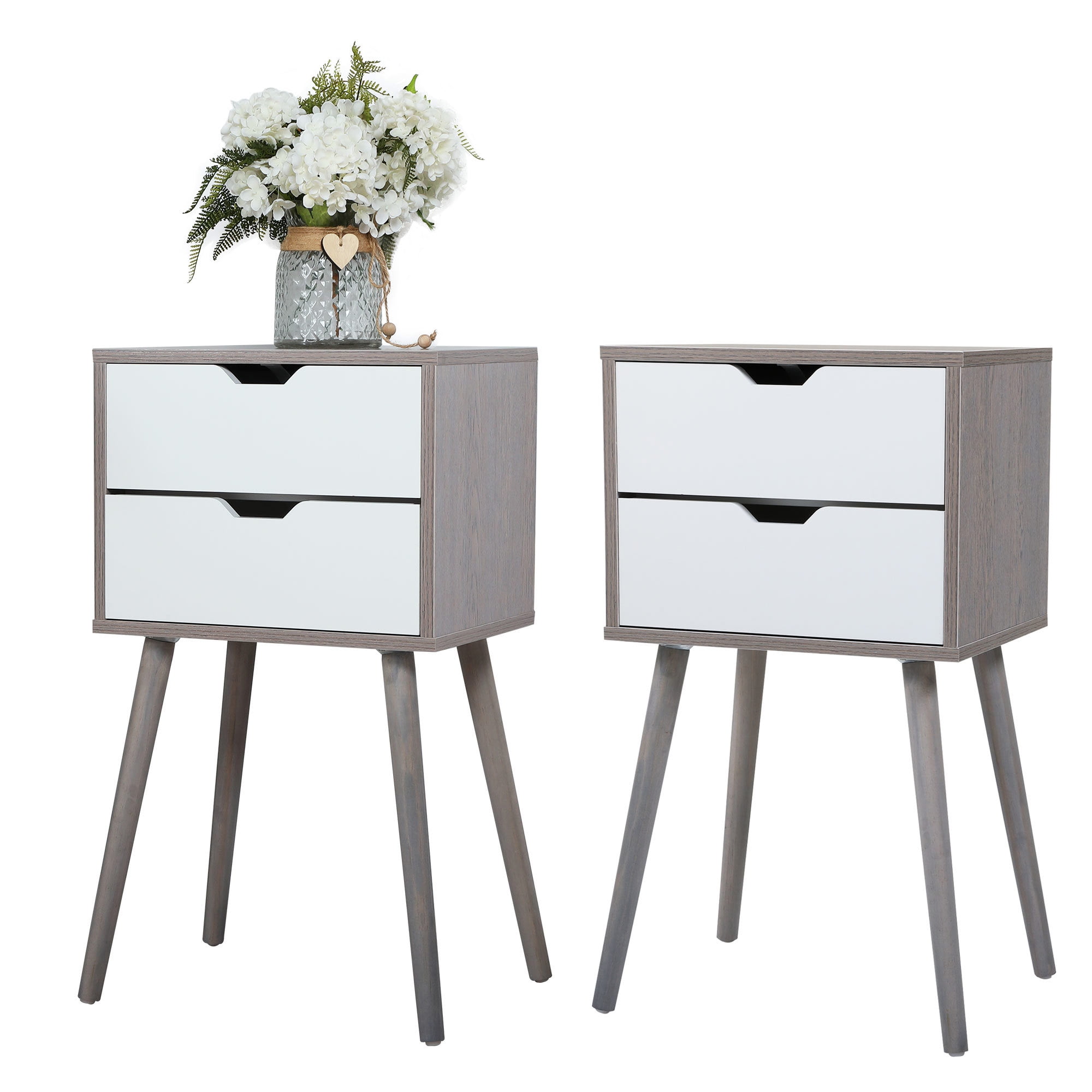 Cfowner MidCentury Nightstand Set of 2, Side Table with 2Drawer, End Table for Living Room