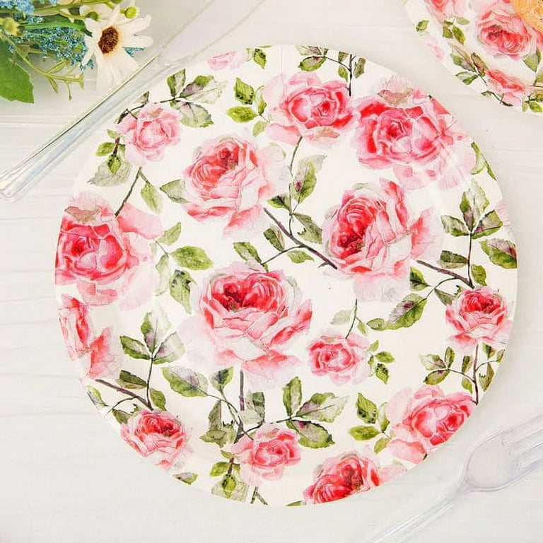Balsacircle 25 White 9 inch Round Paper Salad Plates Pink Rose Flowers Design Party Tableware