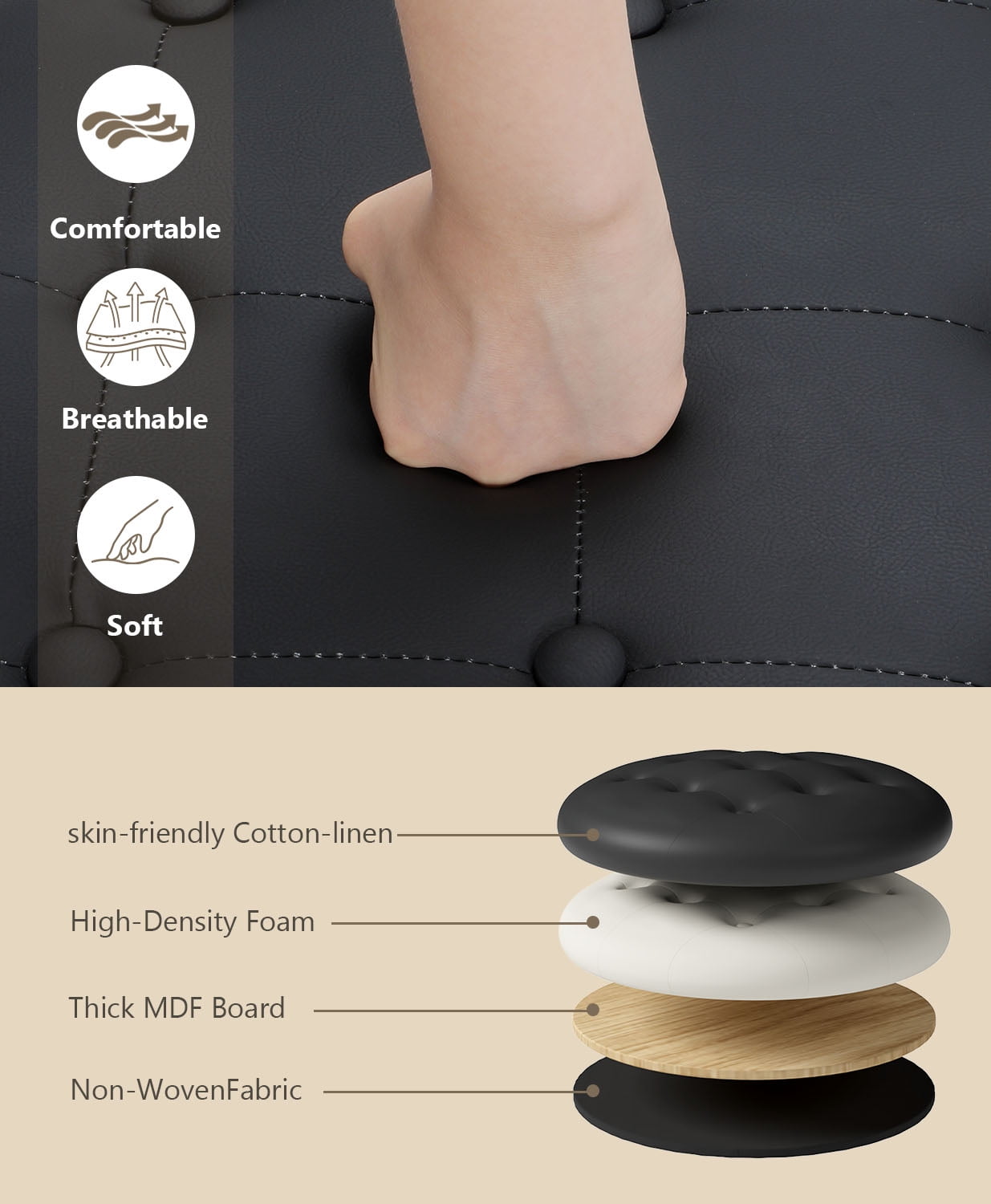 OSM Ottoman,Round Leather Foot Rest Stool, Upholstered Small Ottoman Chair with Storage for Living Room & Bedroom, Decorative Home Furniture, Black