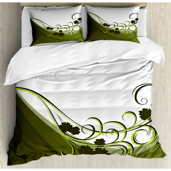 Olive Green Duvet Cover Set Queen Size, Wedding Inspired Floral Arrangement Flourishing Nature Print, Decorative 3 Piece Bedding Set with 2 Pillow Shams, Olive Pale Green White, by Ambesonne