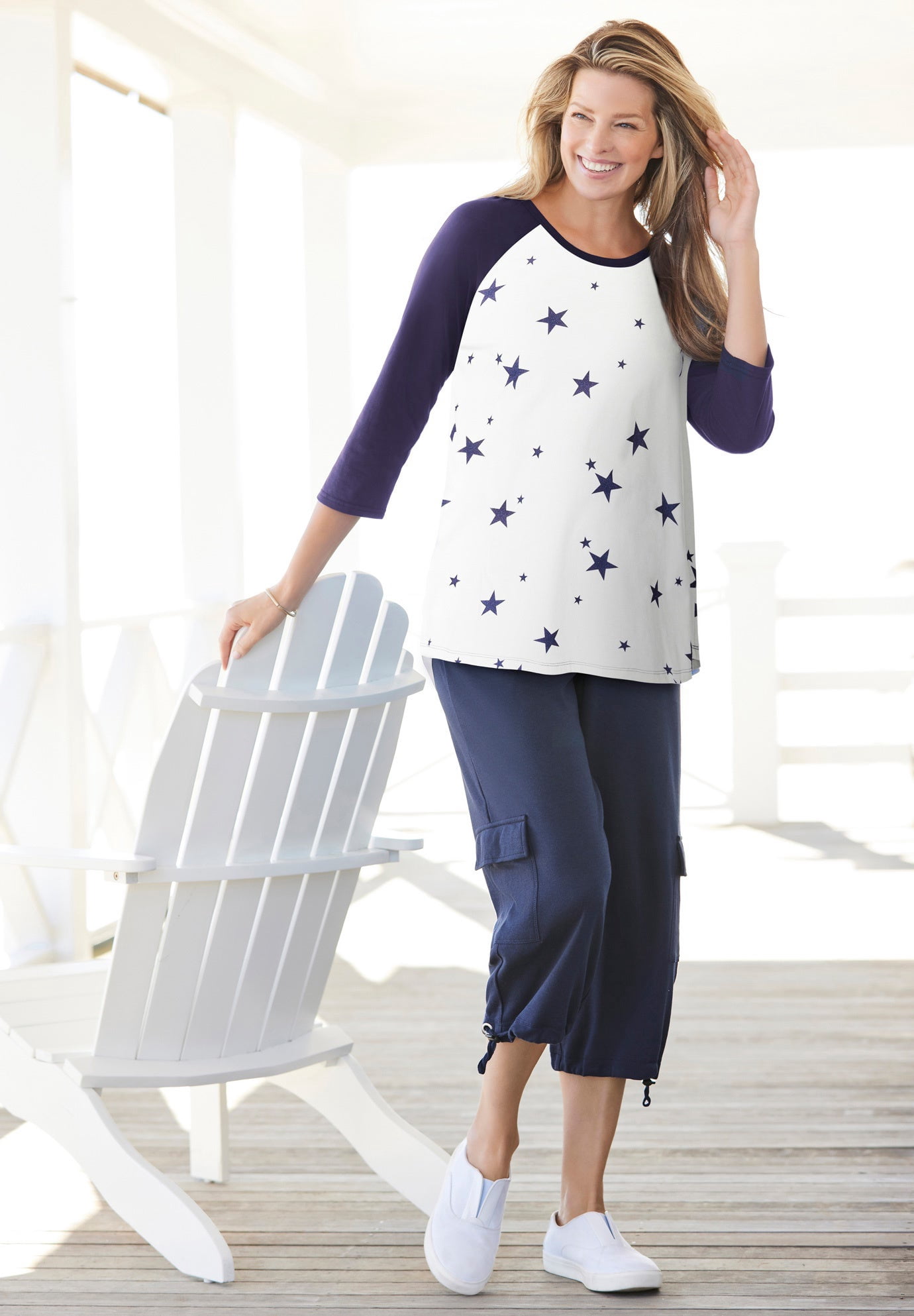 Woman Within Plus Size Three-Quarter Sleeve Baseball Tee