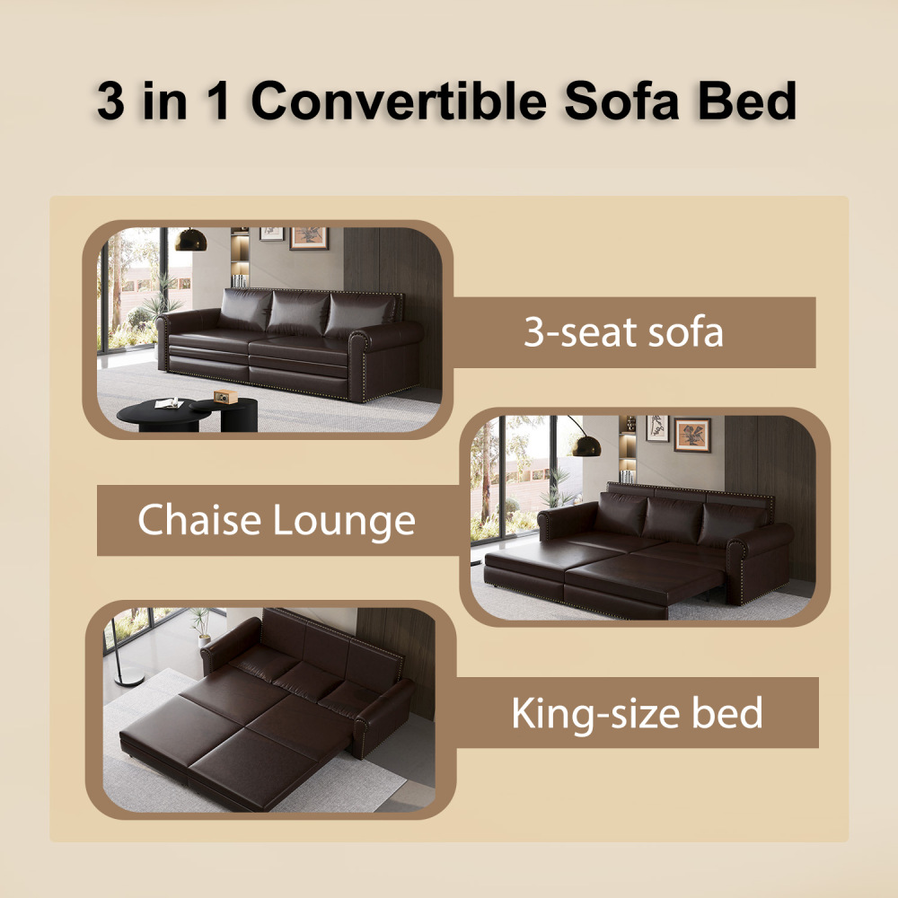 Chesterfield Sofa,93.7" King Pull Out Sofa Bed,3-in-1 Faux Leather Convertible Sleeper Sofa with Nailhead Trim & Rolled Arm,Multi-Functional Sofa Bed for Living Room, Dark Brown