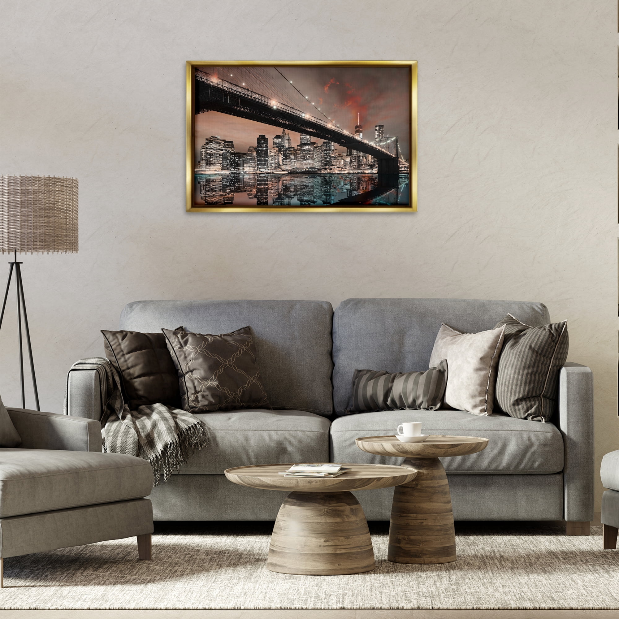 Stupell Industries Bridge Cityscape View Scenery Photography Gold Floater Framed Art Print Wall Art, 31 x 21