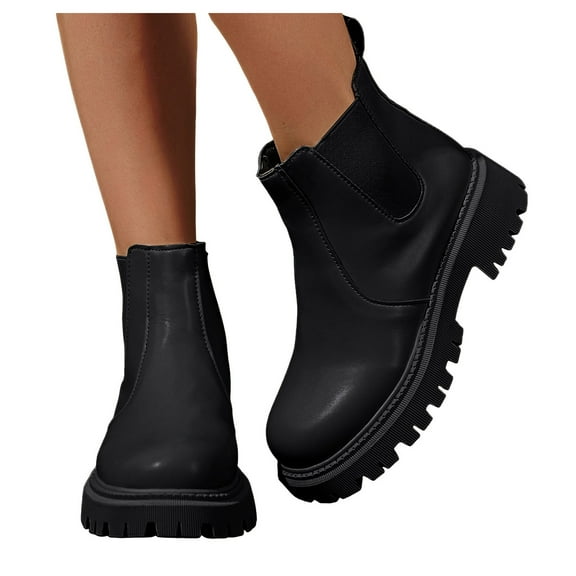 Rokment Womens Fall Winter Platform Chelsea Boots Black White Leather Chunky Heel Slip on Ankle Booties