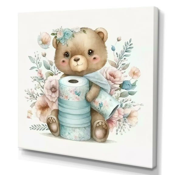 Designart Teddy Bear With Roll Of Toilet Paper And Flowers Canvas Wall Art