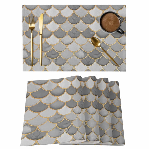 Grey Fish Scale Placemats Set of 4, Modern Geometric Gold Abstract Moroccan Placemats for Dining Table, Place Mats for Kitchen Tabletop, Waterproof Wipeable Dining Table Mats Set