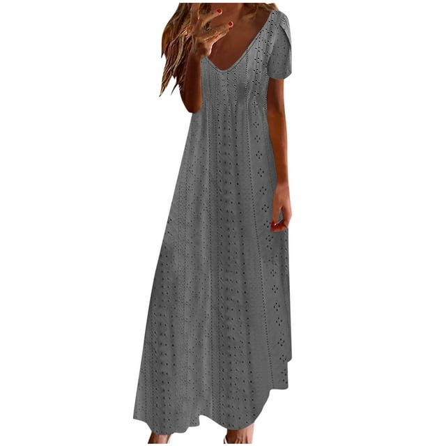Cinvoph Robes Boho pour Femmes Manches Courtes à Volants Col en V Robe en Maille à Œillets Décontractée Fluide Robe de Plage avec Poches