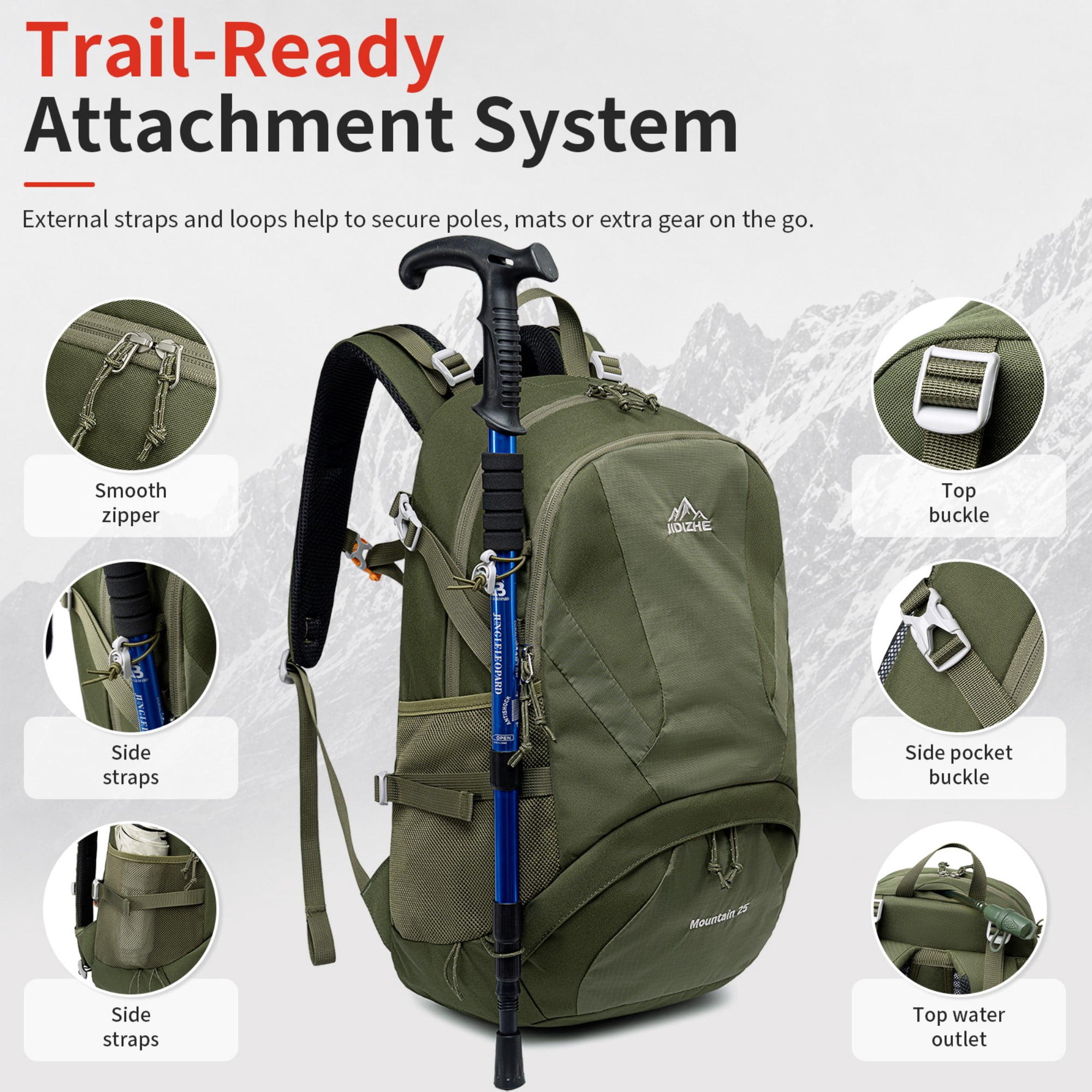 BSHTI 25L Polyester Nylon Hiking Backpack with Rain Cover, Breathable Back, Large Storage for Travel Camping（Green）