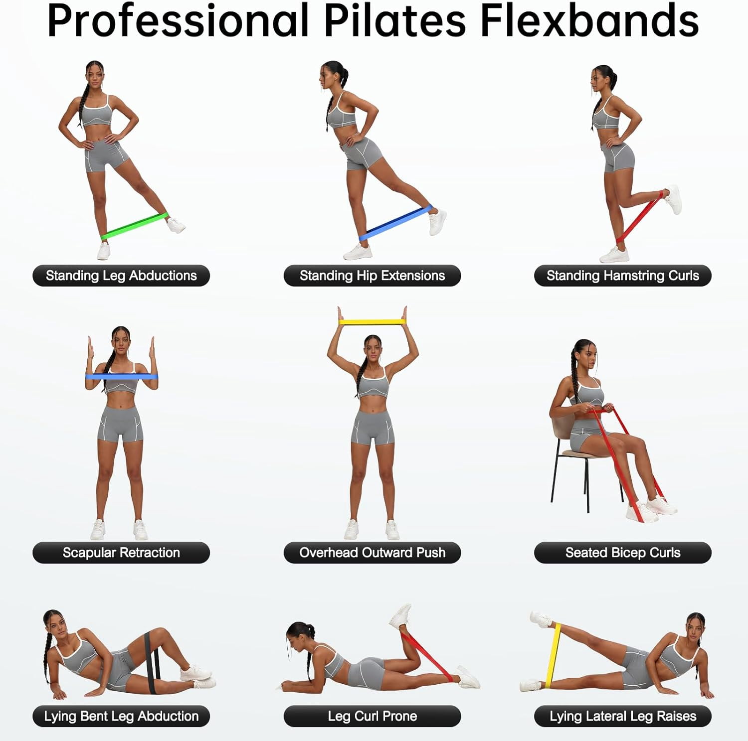 JJEAN-Resistance Bands for Working Out, 5-Pack Elastic Exercise Bands for Strength Training, Stretching, Workout; Home Gym Equipment for Women Men, Pilates Yoga Physical Therapy, Leg Glute Arm Exerci