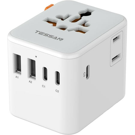 Universal Travel Adapter, International Power Adapter with Extra 2 Prong AC Outlet, 5 USB Ports (3 USB C), 28W Worldwide Plug Adaptor for US to Europe UK Australia Ireland (Type C G A I)