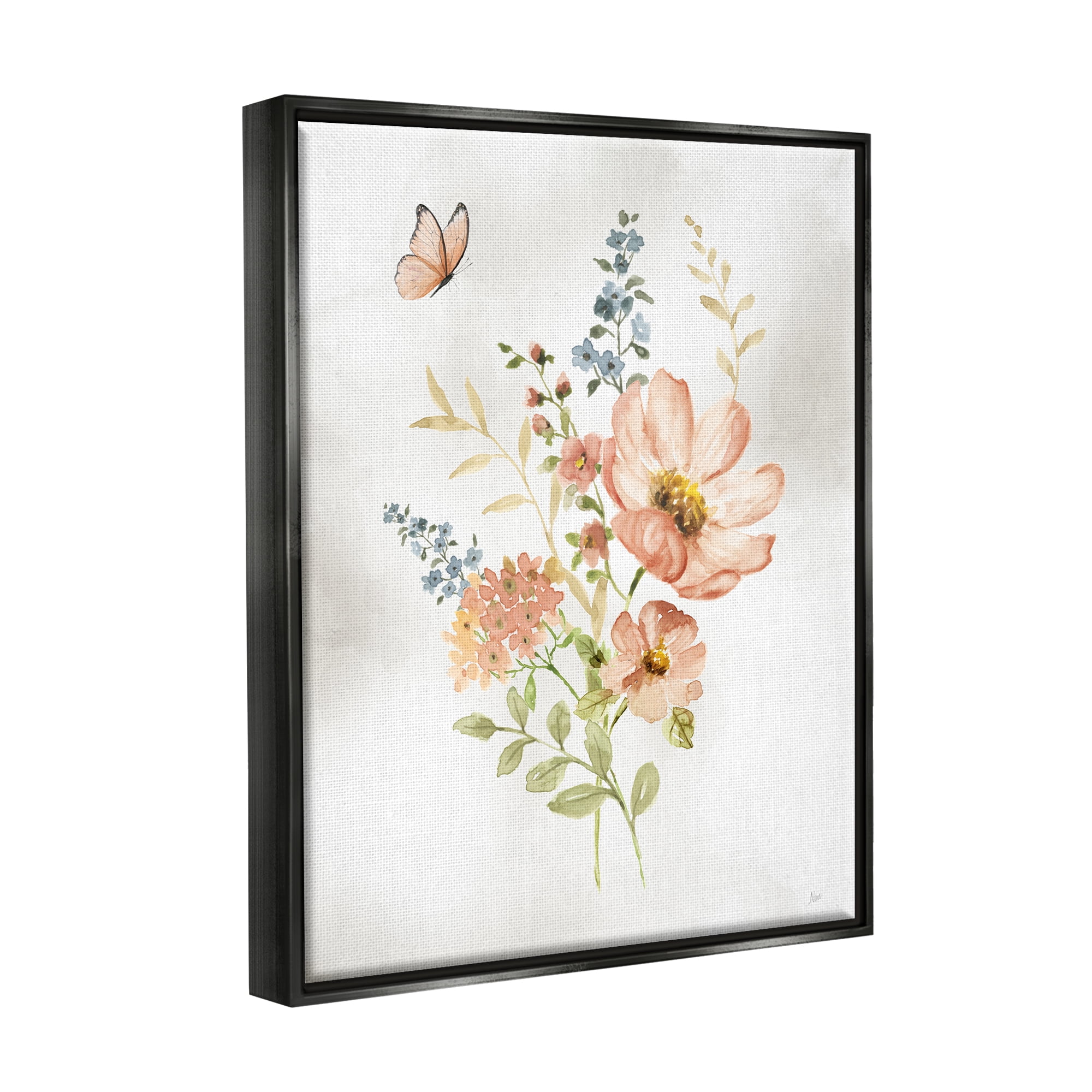 Stupell Industries Soft Pink Flower Sprigs Botanical & Floral Painting Black Floater Framed Canvas Art Print Wall Art, 17 x 21