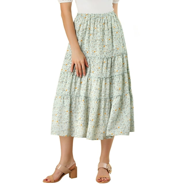Unique Bargains Women's Floral Print Elastic Waist Ruffle Maxi Tiered Skirt Light Blue S