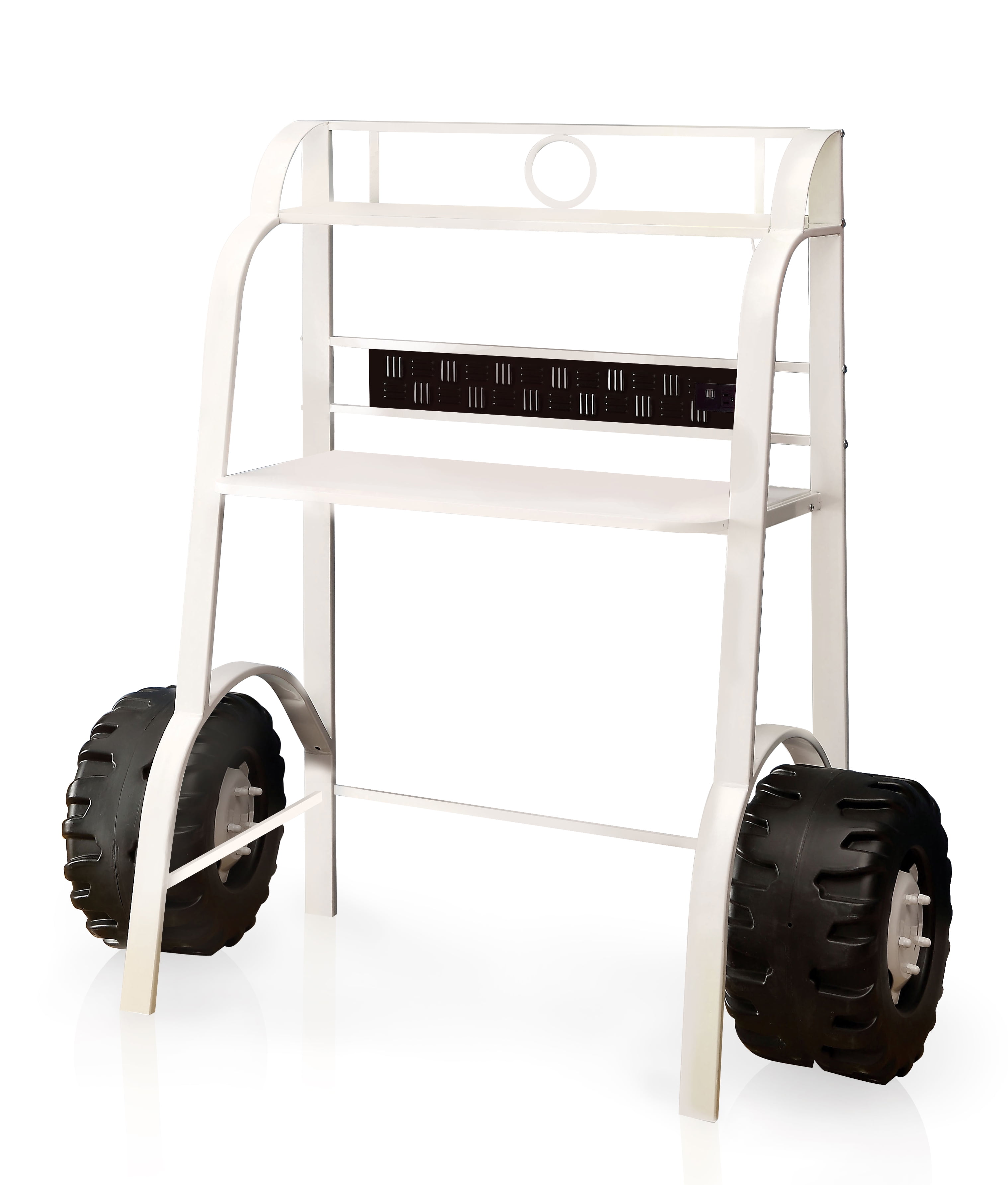 Furniture of America Daiton Novelty Metal White Race Car Kids Desk and Stool Set