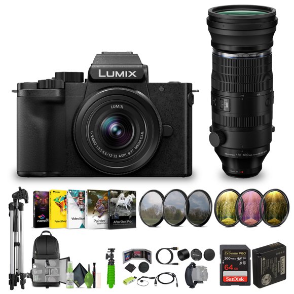 Panasonic Lumix G100D 4K Mirrorless Vlogging Camera, 5-Axis Hybrid I.S, Vlogger Kit Bundle with OM SYSTEM M.Zuiko Digital ED 150-600mm F/5-6.3 IS (Micro Four Thirds) and 12-32mm Lens + Accessories