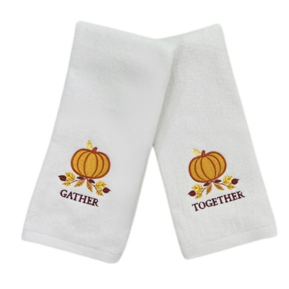 Serafina Home Decorative Harvest Hand Towels: Embroidered Golden Wheat with Gather Together on Plush White, 2 Piece Set, 16 x 25" Inch (Thankful)