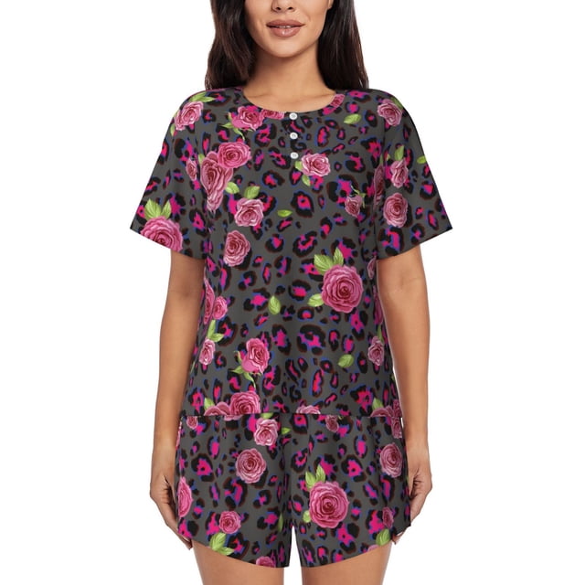 Xecao Rose Mix Leopard 2 Pattern Women's Short Sleeve Pajama Set Soft Sleepwear Lounge Set with Button Front Top and Drawstring Shorts with Pockets-Large