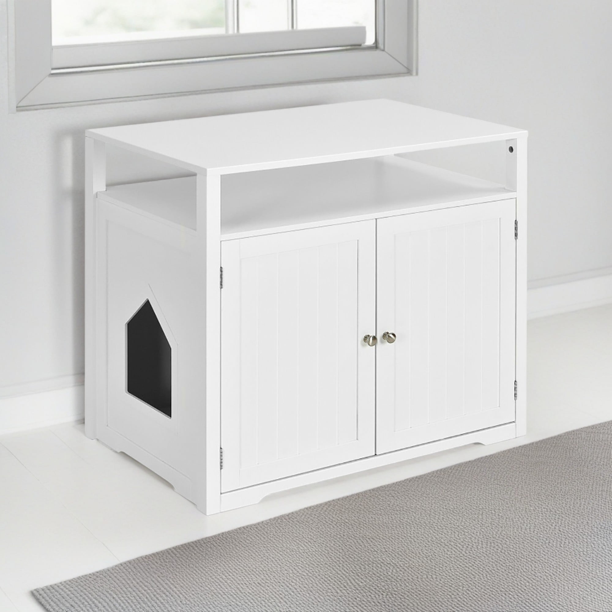 Kadyn 31" Wooden Hidden Cat Litter Box Enclosure Furniture, Cat Washroom with Storage Layer, Cat House for Large Cats, White